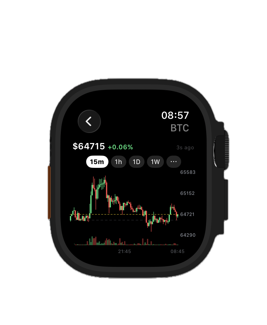 15 minute BTC candlestick chart with volume on Apple Watch