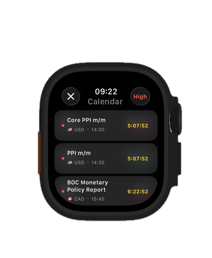 Economic calendar on Apple Watch showing CPI, NFP and FOMC events