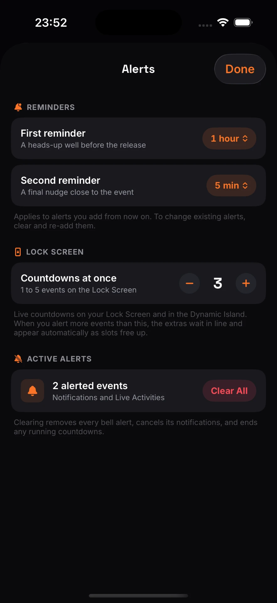 Alerts settings with first and second reminder and Lock Screen countdowns