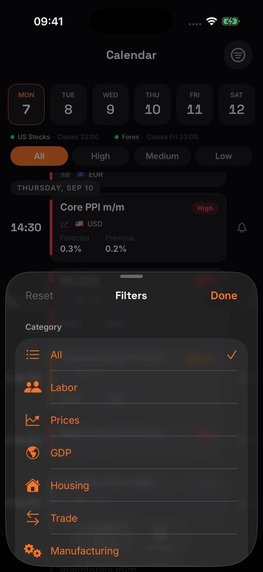 iChart economic calendar category filters on iPhone